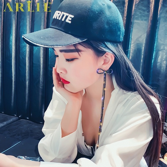 Black colored Rhinestone long Bow Earrings - Picture 8 of 16